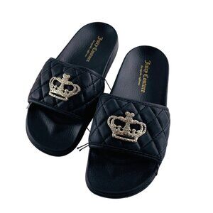Juicy Couture Black Quilted Slide Sandals Rhinestone Crown Logo Womens Size 6